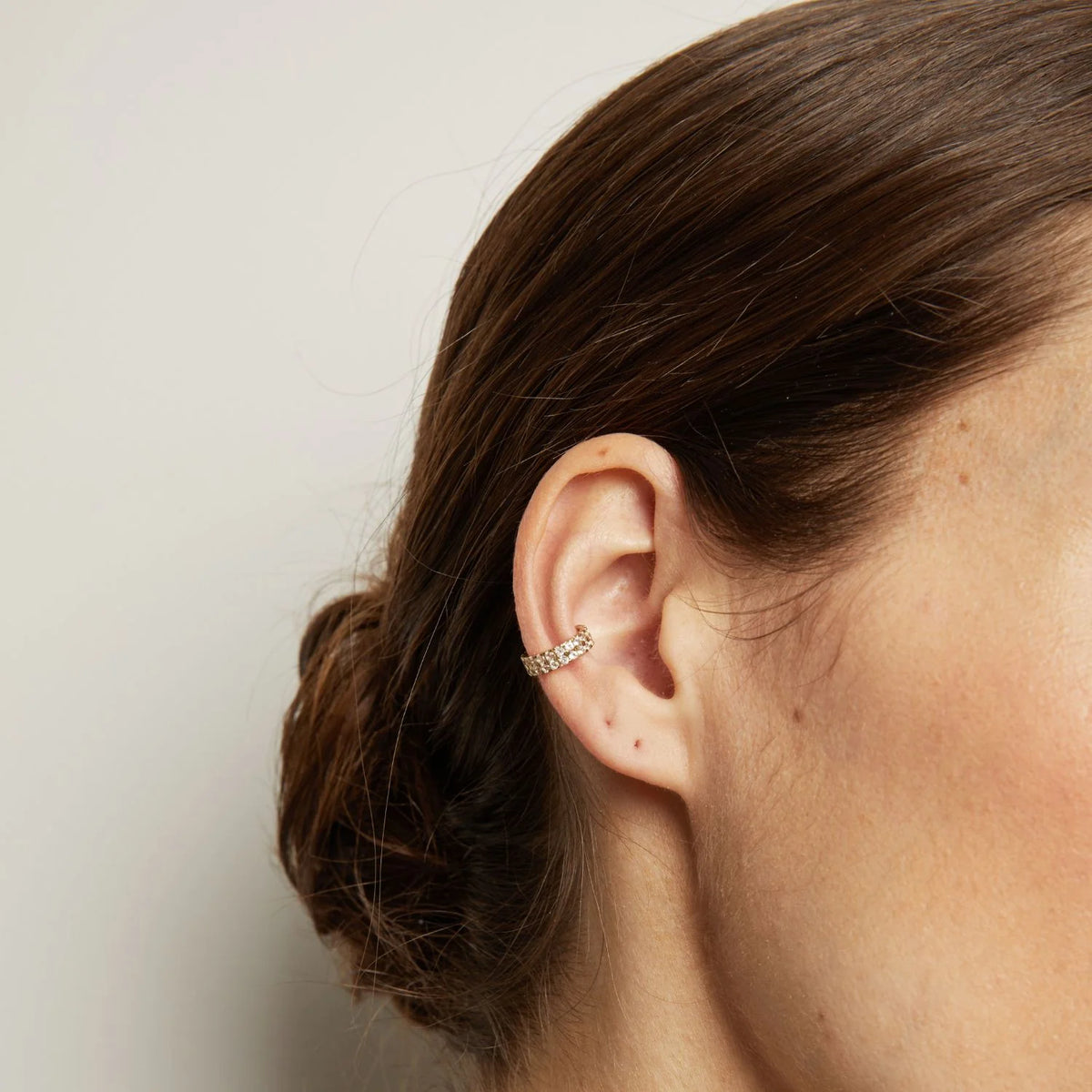 Jokabeth Jewelry Lab Grown White Sapphire Double Ear Cuff – silver rhodium version on ear
